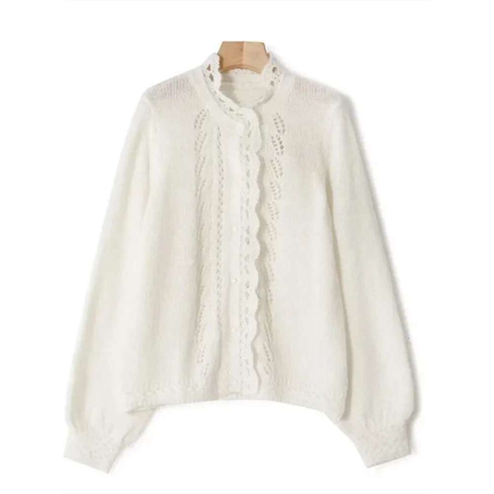 Early Spring Women Knitted Sweater Ladies Single-Breasted Petal Trim Hollow Out Cardigan Female Soft Knitwear Top