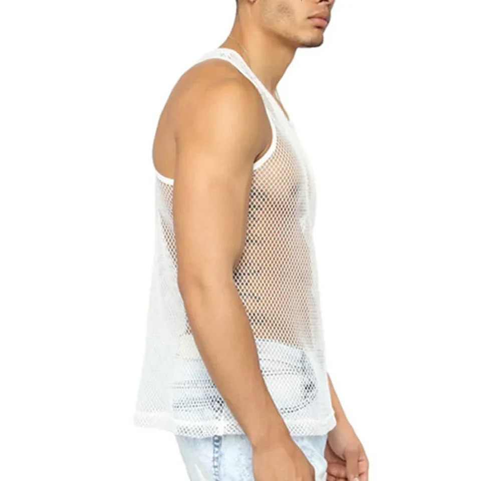 Tank Tops Vest Men O-neck Party Nightclub Wear Rose Red Black Fashion M-2XL Mesh Patchwork Sleeveless Streetwear 250304