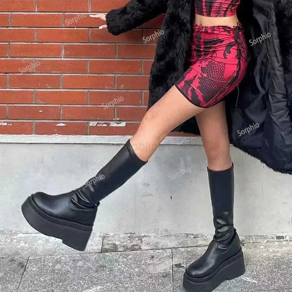 Platform Boots For Wen Knee High Med Calf Chunky Heel Fion Girls Shoes 2022 Autumn Summer Boots Slip On Brand New Goth Z250304