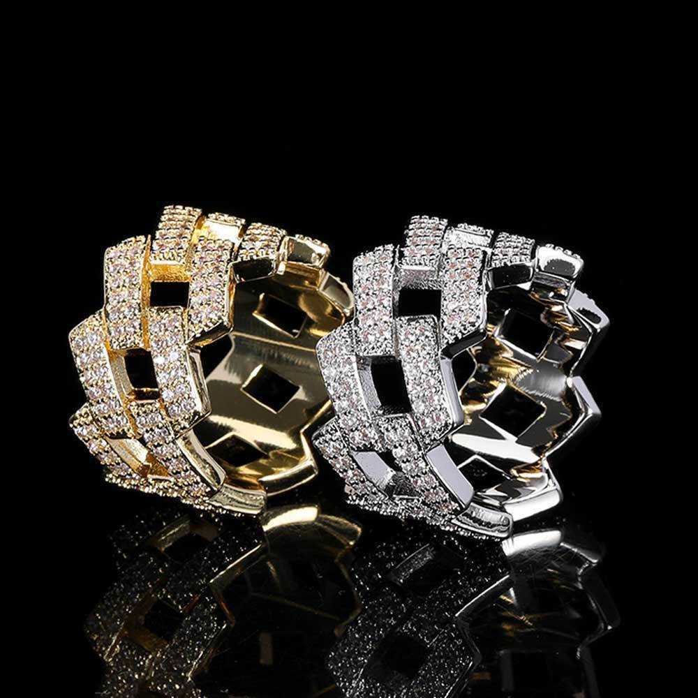 Couple Rings Hip hop 14mm diamond Cuban ring real gold plated double row zircon trendsetter hiphop mens ring H25303