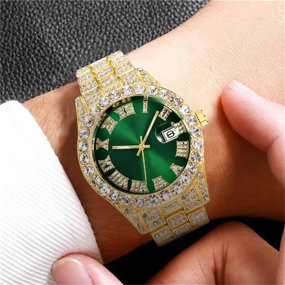 Fashion Business Diamond-Studded Mens And Womens Roman Scale Calendar Hip Hop Gold Green Full DiamondXJ250304