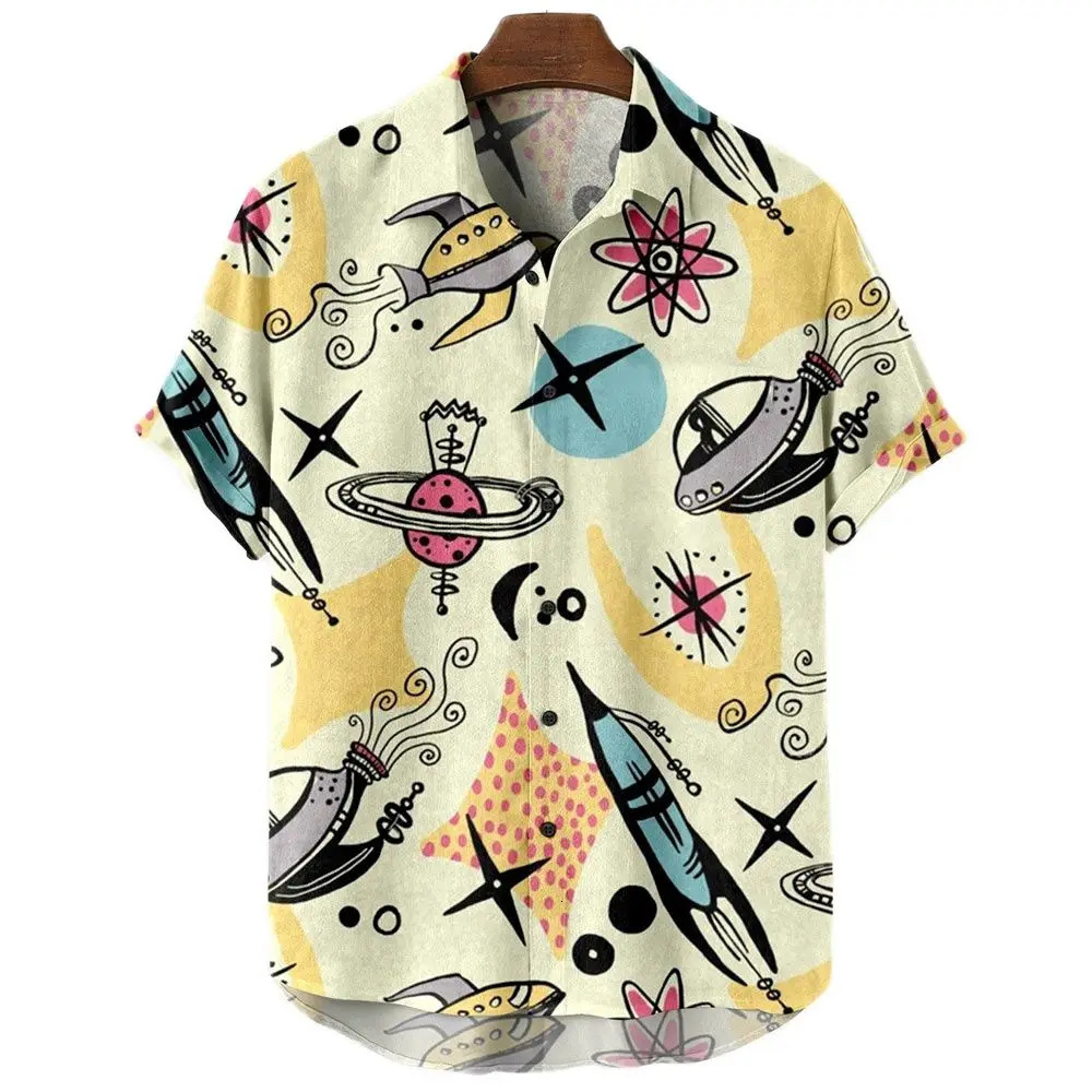 Mens Rocket Print Hawaiian Shirt 3d Print Harajuku Cartoon High Quality Summer Mens Casual 250227