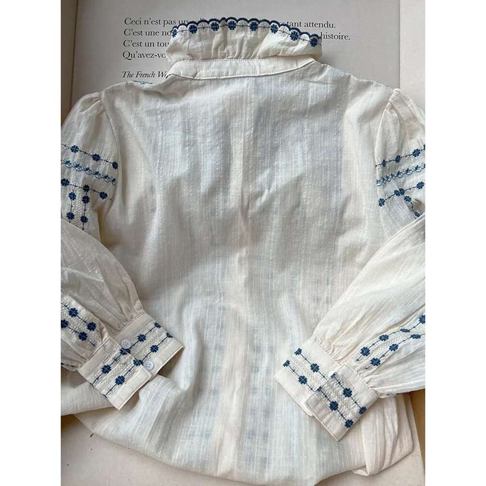 Women Ruffles Trim Pink Or Blue Blouse Single Breasted Casual Summer New 2025 Female Stand Collar Vintage Shirt And Tops