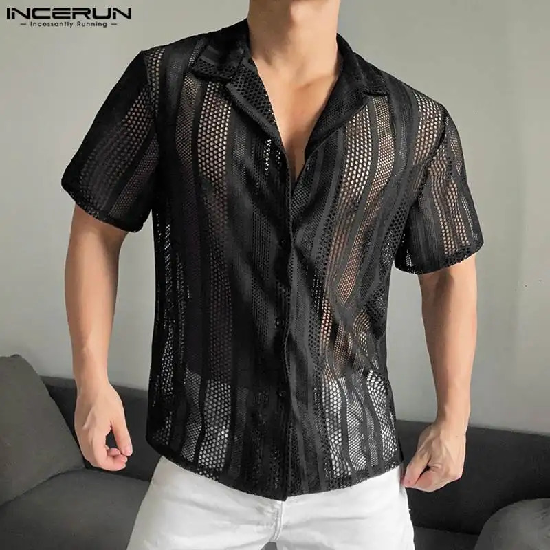 INCERUN Mens Shirt Mesh Transparent Lapel Short Sleeve Summer Camisas Streetwear Hollow Out Fashion Casual Shirts S-5XL 250304