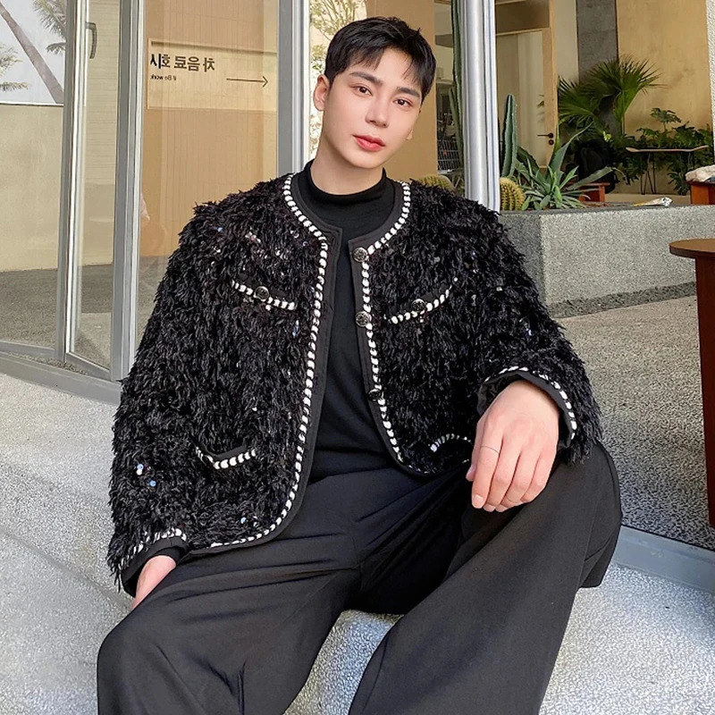 LUZHEN Faux Fur Patchwork n Jacket Trendy Sequins Spliced Thickened Coat Fashion Round Neck Niche Ed83 250304