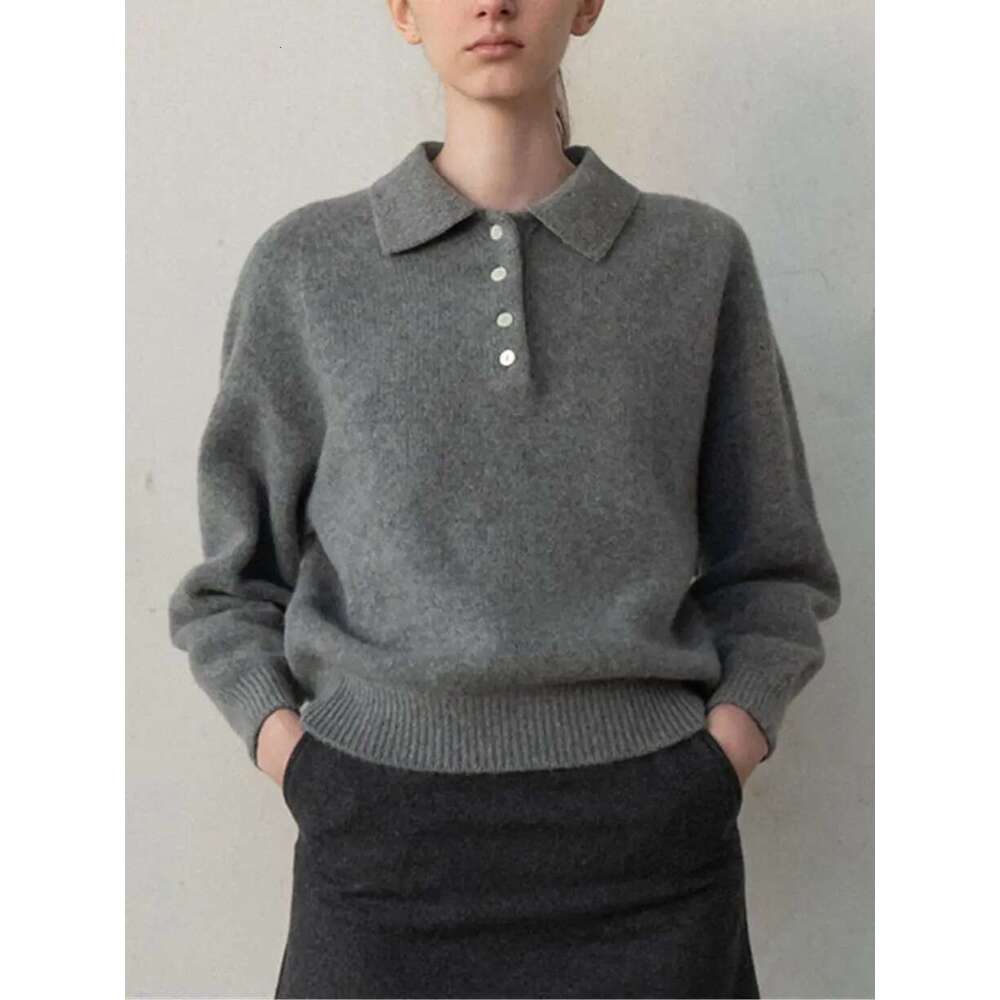 Women Half Open Buttons Turn-Down Collar Knit Sweater Autumn Winter Long Sleeve Solid Color Pullover Top Female Knitwears