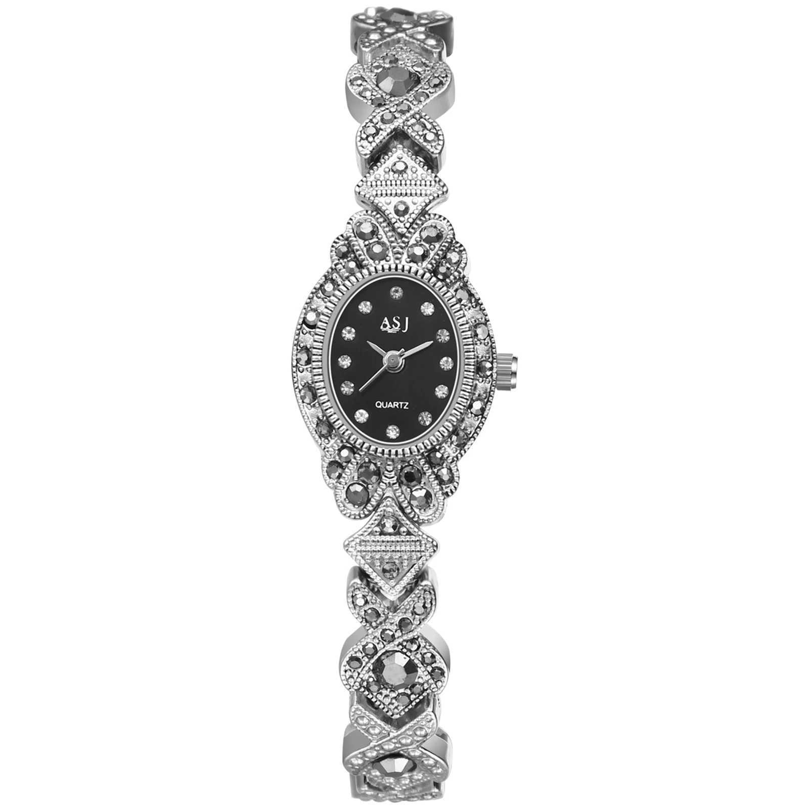 LANCARDO Womens Diamond Bracelet Black Shiny Diamond Vintage Floral Dial Quartz Silver Black Womens SmallXJ250304