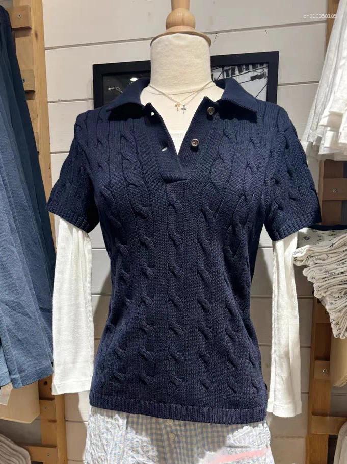Women's Polos Twist Knitted Spring Clothes 2025 Turn Down Collar Short Sleeve Tees Girls Vintage Casual T-shirt Sweet Y2k