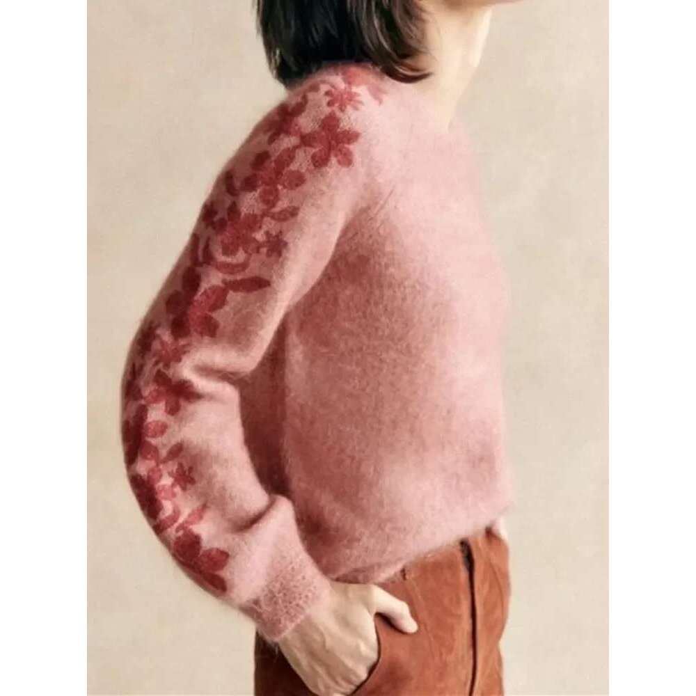 Ral Embroidery Women Puff Sleeve Sweater Soft Fashion Top Female O-Neck Jumper Fall Winter 2025