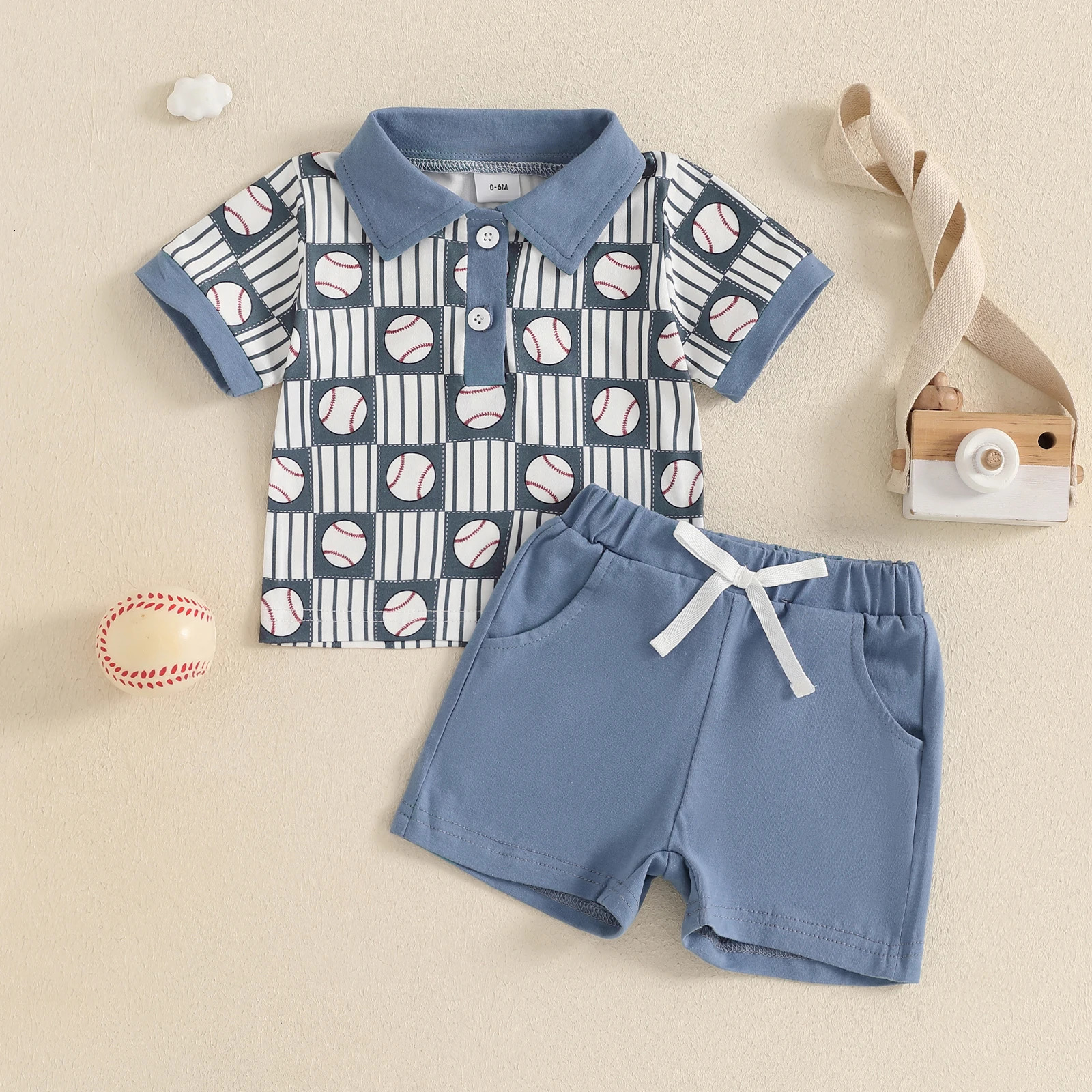 Infant Baby Boy Tracksuits Summer 2pcs Clothes Suit Toddler Baseball Half Button-up Lapel Short Sleeve Shirt Shorts with Pockets 250304