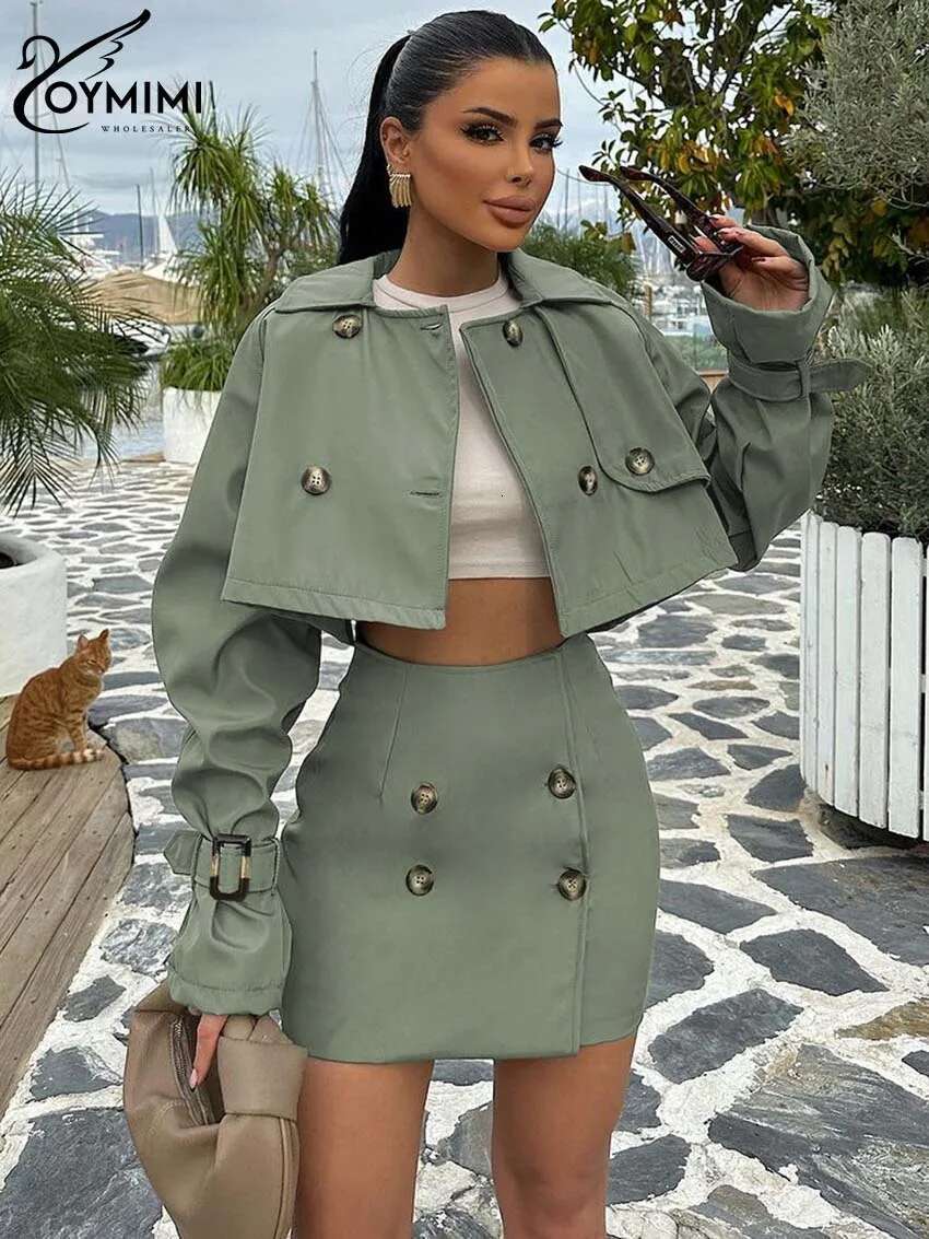Elegant Green 2 Peice Woman Fashion Lapel Long Sleeve Double Breasted Crop Tops And High Waist Button Slim Skirts Set