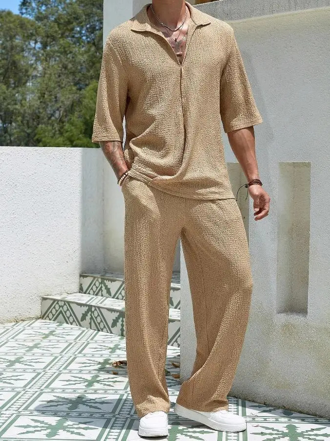 Summer Mens Set Half Sleeved Shirt and Long Pants Twopiece Turndown Vneck Casual Streetwear Holiday Loose Suit s 250227
