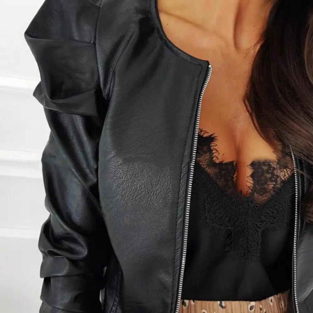 Womens Coat Zipper Short Pattern Slim Fit Ruched Long Sleeve Lady Jacket Dressup Cardigan Faux Leather Spring Blazer Daily Wear 250226