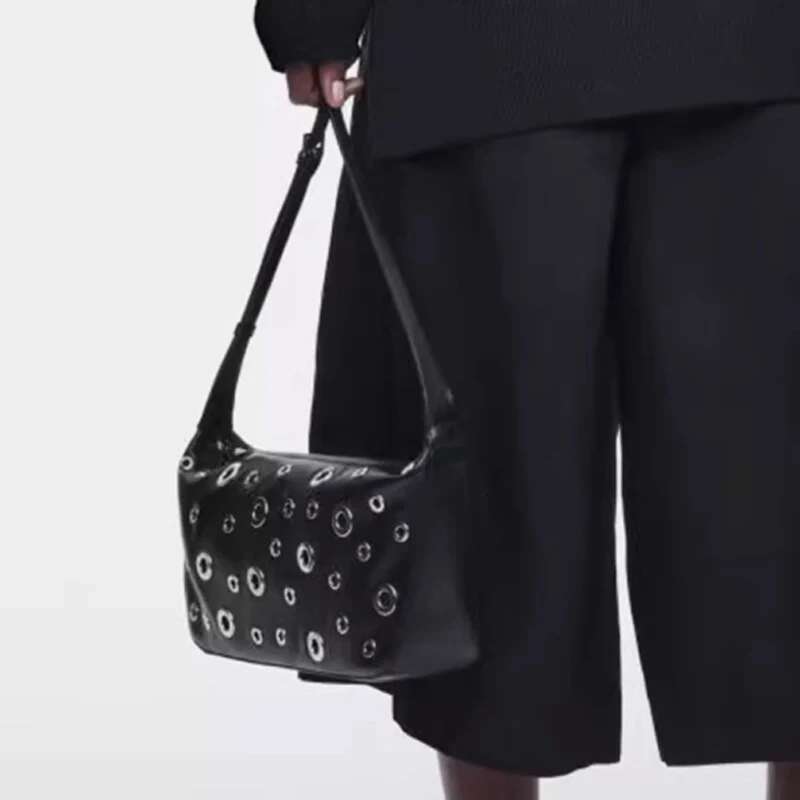 Retro Fashion Metal Rivet Underarm Black Motorcycle Hobo 2025 New Shoulder Bag