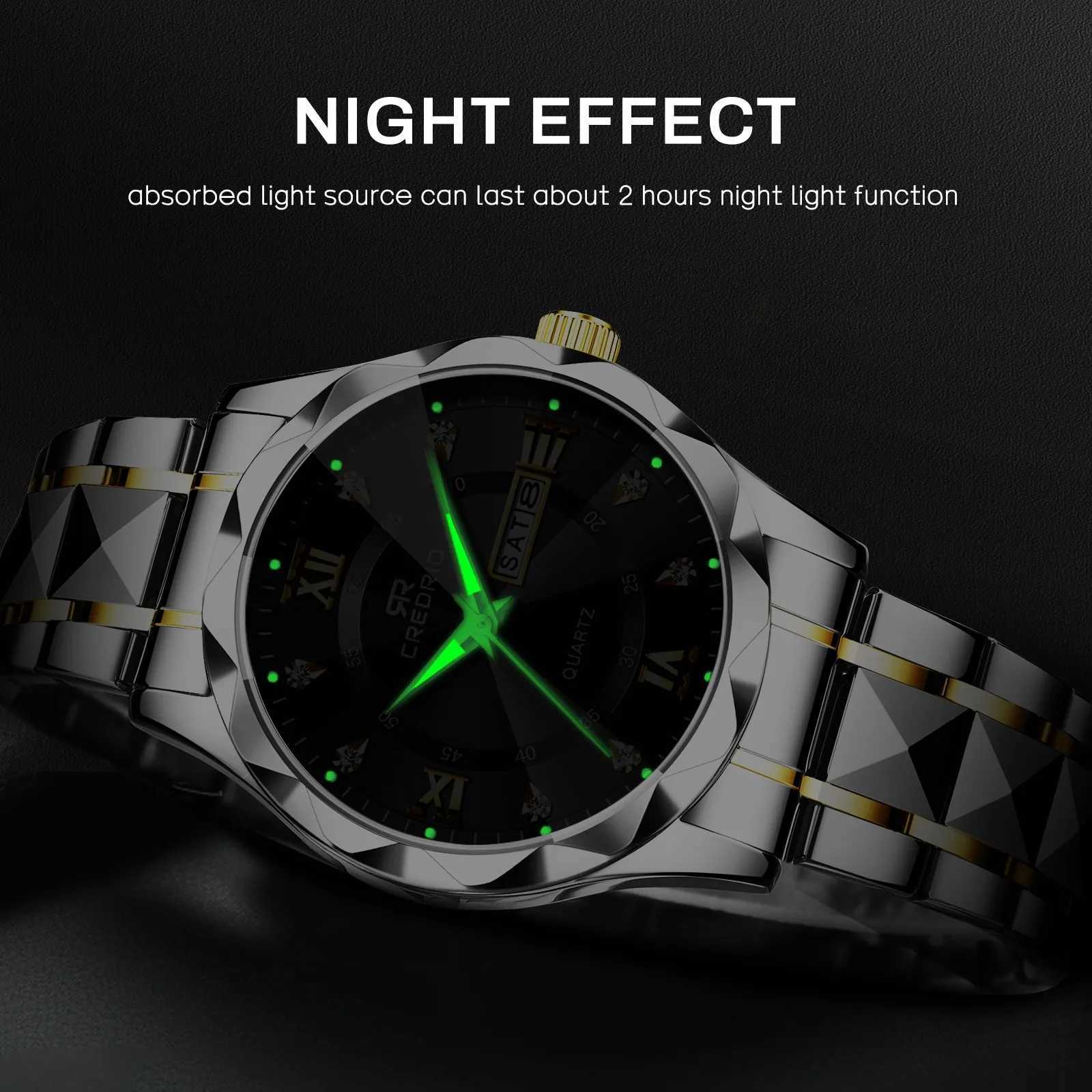 Mens Ice Rhinestone Luxury Luminous Waterproof Double Calendar Week Quartz Movement Stainl Steel Fashion BusinessXJ250304