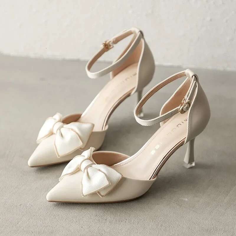 New Medium Heel Heels Womens Shoes Trend Pointed Toe Butterfly Stilettos Elegant Dress Weddings Bridal Party White Designer