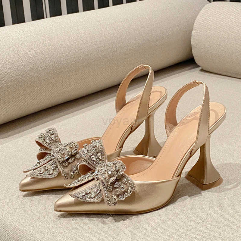 Liyke Fi Sequi Crystal Bowknot Wen Pumps Sexy Pointed Toe Red High H Wedding Banquet Shoes Ladies Slingback Sandal Z250304