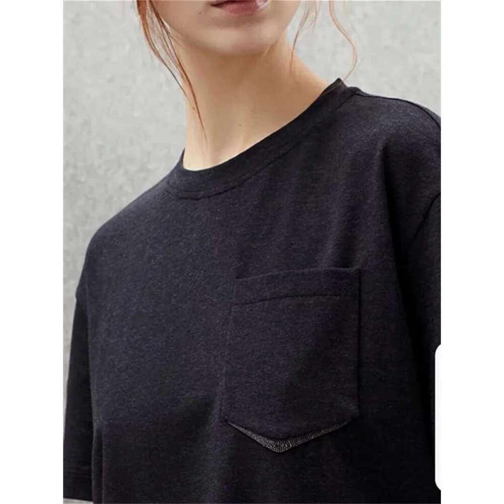 Women's T-Shirt Beaded Pocket Short Sleeve Female Fashion Versatile Tshirt Round Neck Top 2025 Summer