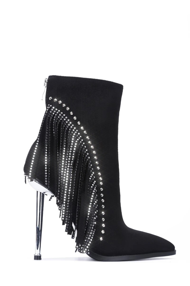 Ins Fashion Show Tassel Electroplated Heel Short Boots With Hot Diamond Bgbg Women's Shoes Boots