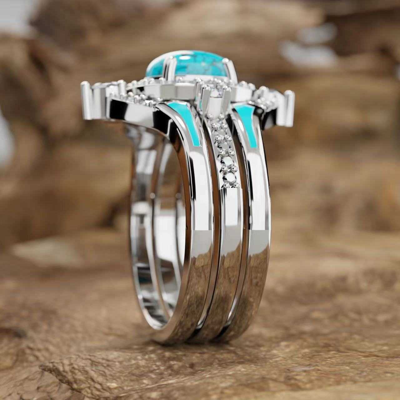 Couple Rings Sanjie New Product Fashion Diamond Set Blue Turquoise Three Piece Ring Set H25303