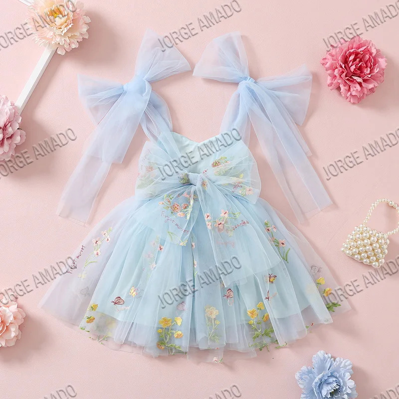 Easter Kids Dress Girl Summer Floral Bow Sleeveless Dance Performance Girls Clothes E1236 250303