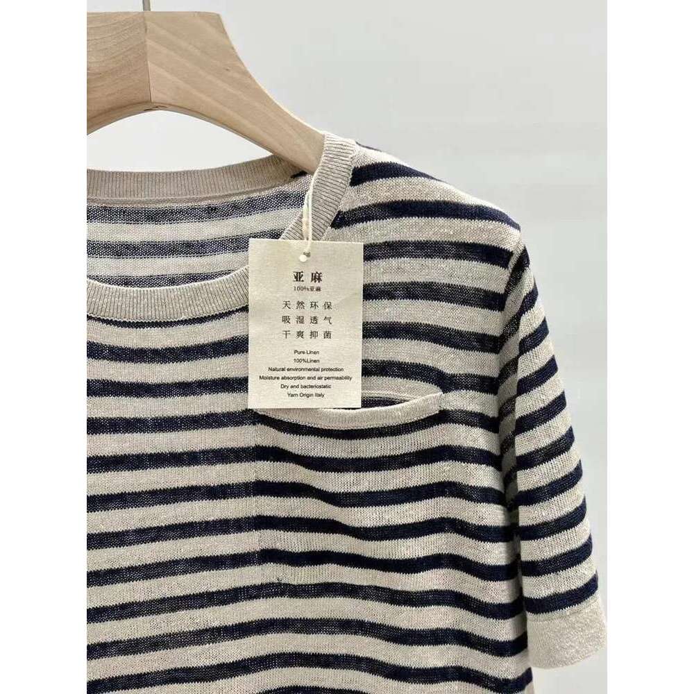 Women Front Pocket Knit Tshirt Stripes 100% En Casual 2025 Summer O-Neck Short Sleeve Knitted Tee For Female