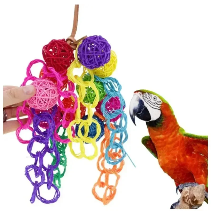 Parrot Bite Toy Bird Toy Colored Rattan Ball Cowhide Rope Ring String Bird Accessories Parrot Toys