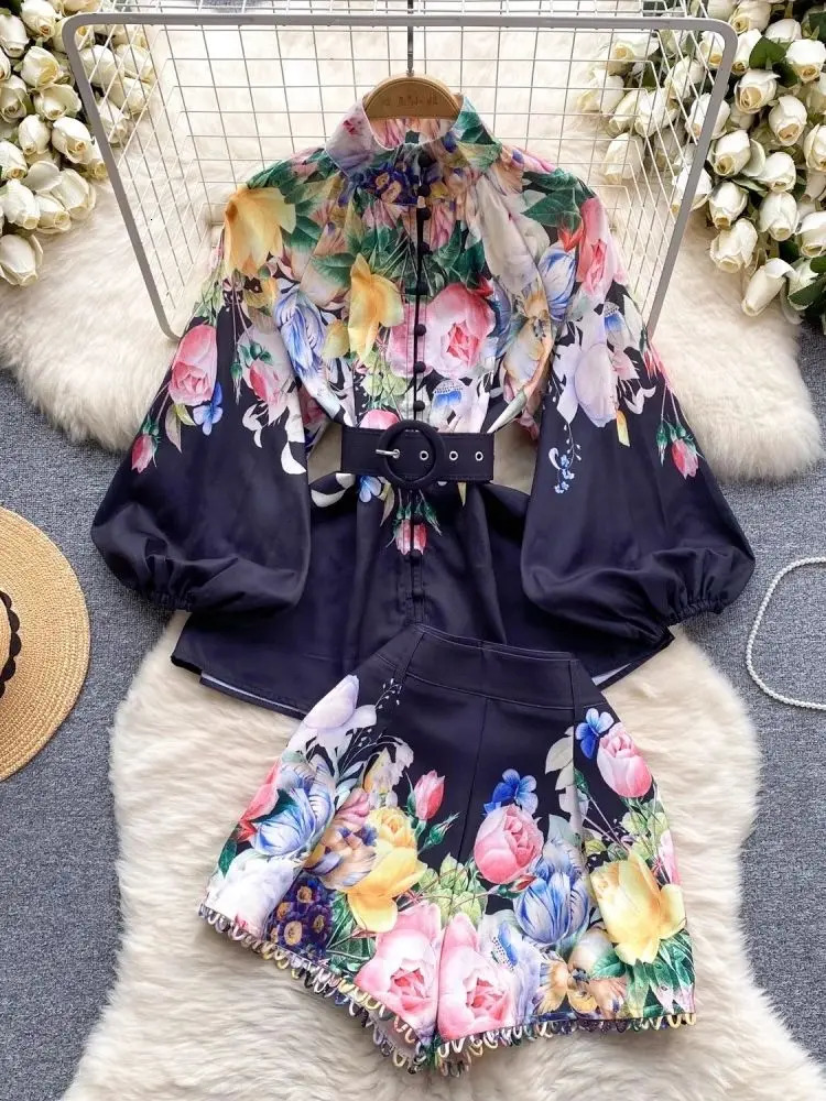 Summer Holiday Tulip Floral 2 Pieces Set Womens Linen Stand Lantern Sleeve Belt Shirt Top Flower Print Wide Leg Shorts Suits 250304