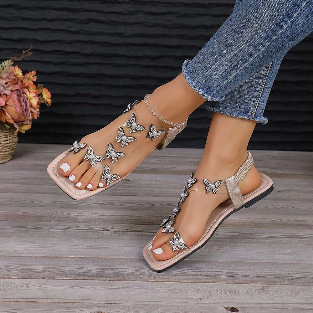 Summer Women's 2025 Sandals with Bow Pearl Flat Heels Elegant Rhie Party Ladies Shoes Plus Size 43 Sandalias Mujer