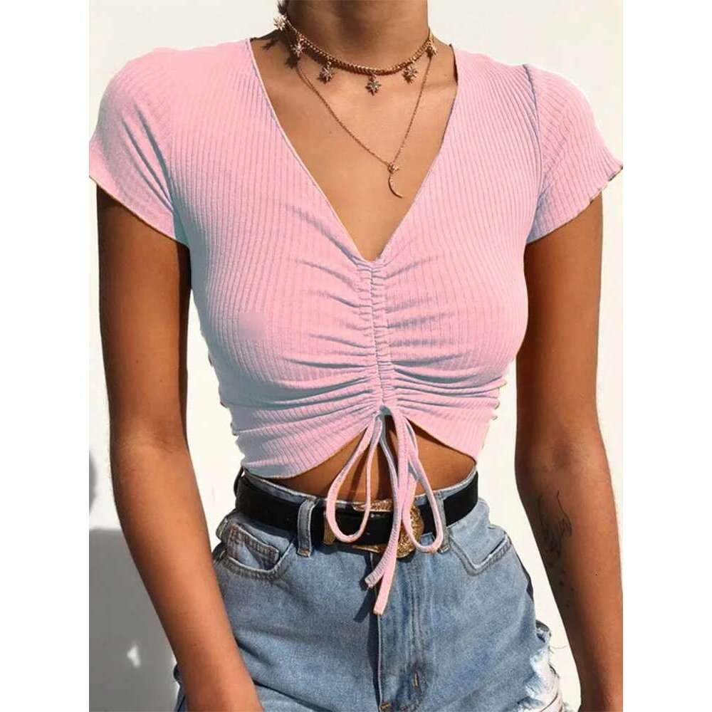 V Neck Sexy Cropped Tank Tops Women Drawstring Tie Up Front Camis Candy Colors Streetwear Slim Fit Ribbed Crop Top