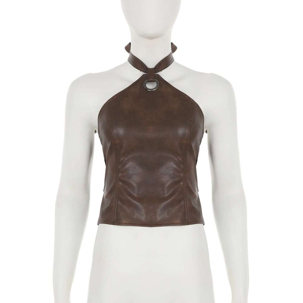 Sexy Slim IAMSURE Bandage Halter Vintage Pu Leather Backless Sleeveless Tank Tops Women 2025 Summer Fashion Streetwear Lady