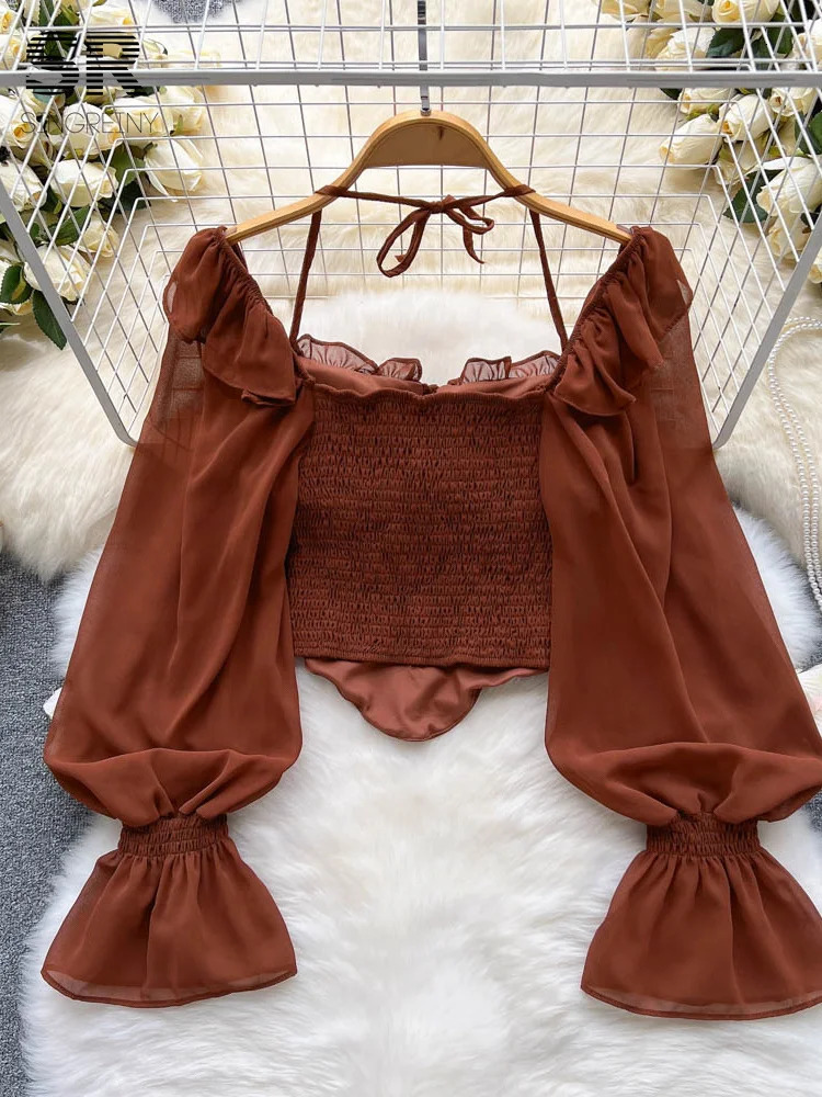 SINGREINY Flare Sleeve Women Tops Ruffle Solid Elastic Waist Halter Backless Chiffon Slim Ladies Harajuku Sexy Short Blouse 250228