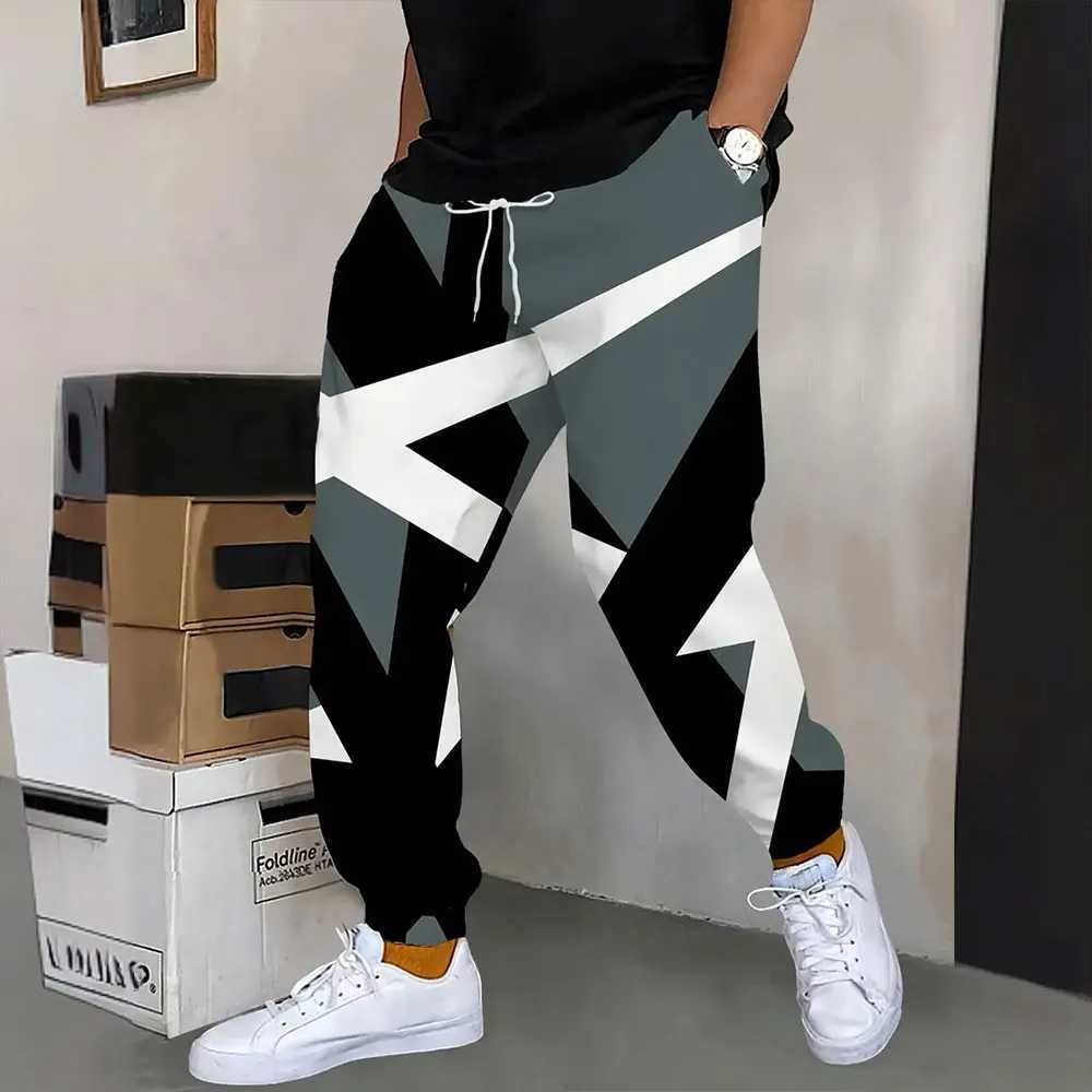 2024 New Fashion Geometric Print Sweatpants Mens Large Size Loose Casual Pocket Drawstring Sweatpants Winter Thick Warm PantsXJ250303