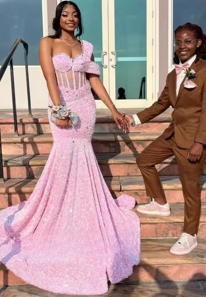 Pink Sequin Prom Dresses 2025 For Girls One Shoulder Mermaid Party Dress Crystal Black Girl Evening Gowns Customized