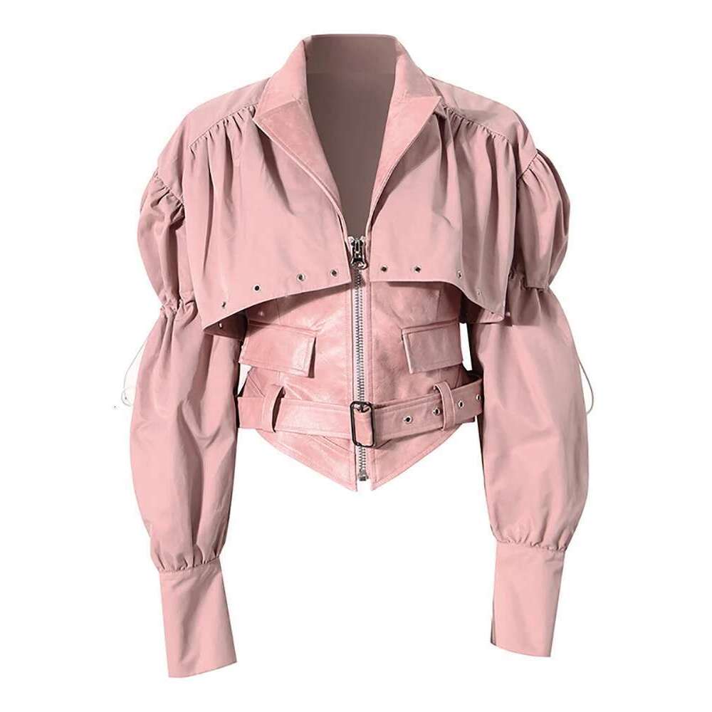2025 New Autumn And Winter Fashion Women Clothes Turn-Down Collar Full Sleeves Spliced PU Leather Patchwork Jacket Wt264