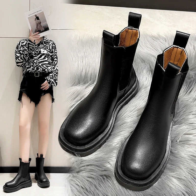 Boots Chunky Boots Wen Winter Shoes PU Leather Plush Ankle Boots Black Fem Autumn Fion Platform Booties Z250304