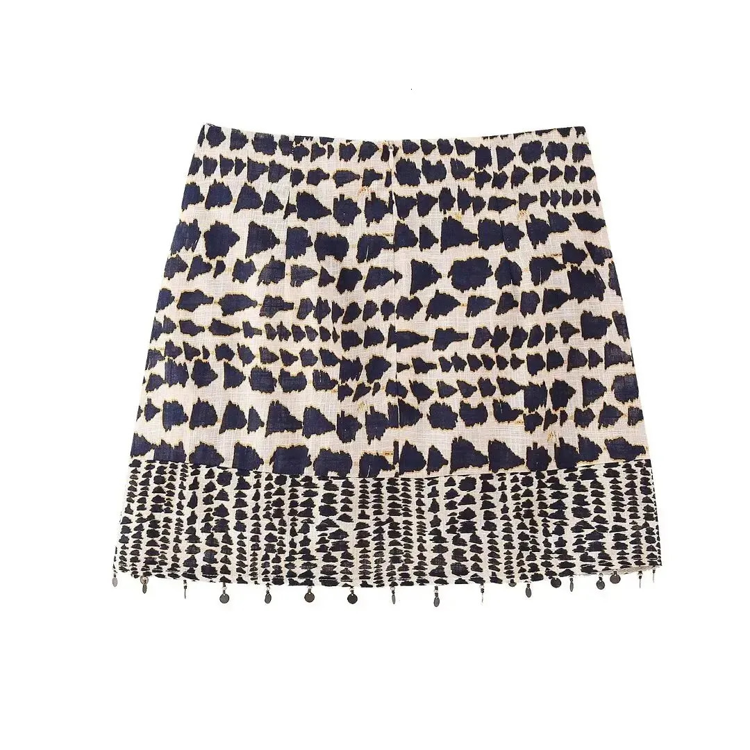 Women Vintage Geometric Print Knotted Mini Sarong Skirt Faldas Mujer Female Beading Tassel Casual Zipper Vestidos QUN4078 250304