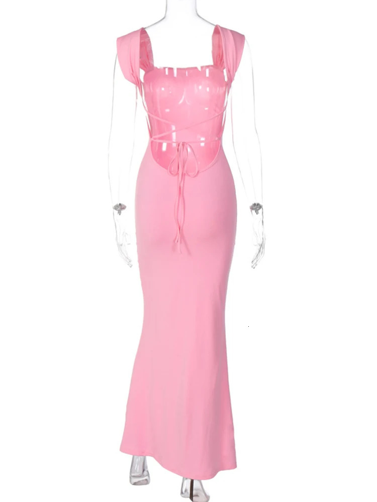 Lace-Up Backless Long Pink Dress - Sexy Bodycon Maxi for Women, Party Evening Outfits C260311