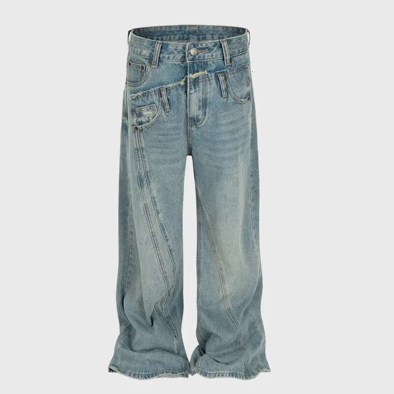 HKSH Autumn New Men's Tide Punk Spliced Jeans Women's Chic Vintage Denim Pants Irregular Design Niche Straight Trend Ins Hk2774