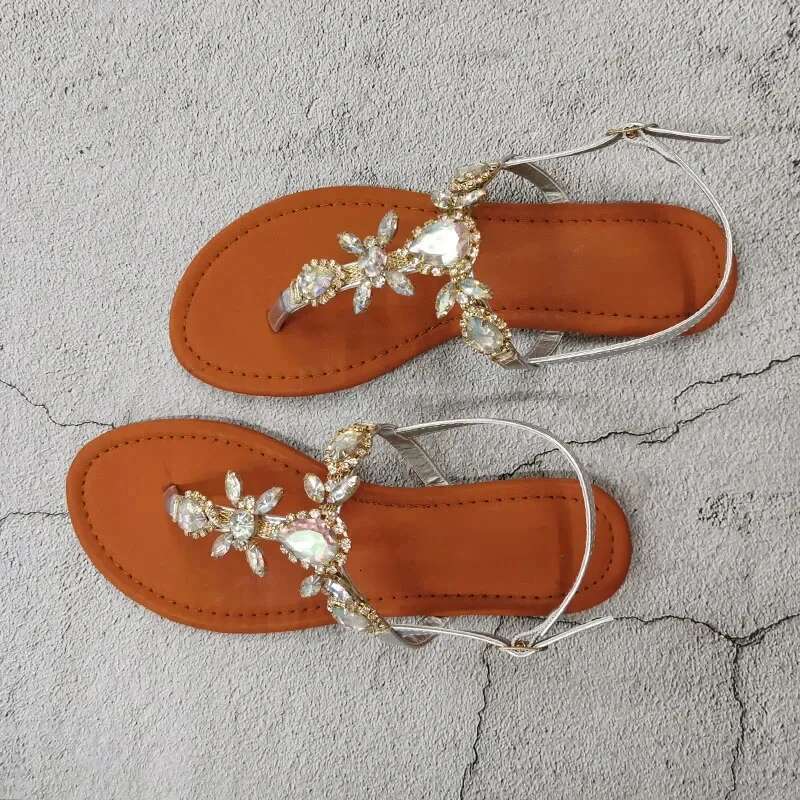 Trendy Summer 2025 Women's Shoes Large Size Beautiful Crystal Shiny Flat with Female Sandals Bohemia Back Strap Footwear