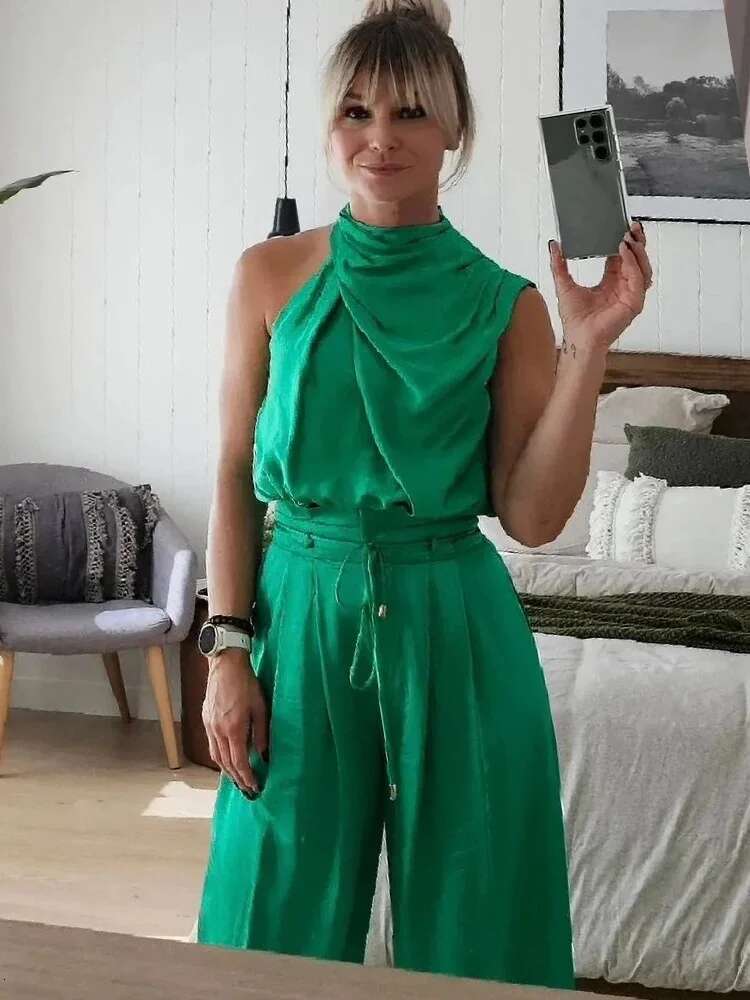 Deioao Urious Solid Women Summer Two Piece Set Female Sleeveless Tops Pocket Pants Chic Outfit 2025 Office Lady Suit In Stock