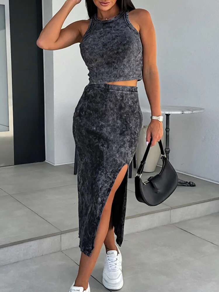 Deioao Female O Neck Top Slim Skirts Two Piece Set Summer Women Streetwear Matching Suit Party Club Lady Skirt Outfits New