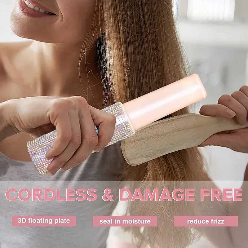 Curling Irons 2-IN-1 Electric USB Hair Straightener Curler Fashion Colored Diamond Design Wireless Travel Hair Straightening Styler Brush z250304
