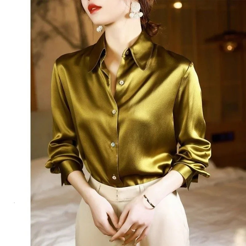 Quality Women Shirt Elegant Office Button Up Long Sleeve Shirts Momi Silk Crepe Satin Blouses Business Ladies Top 250303