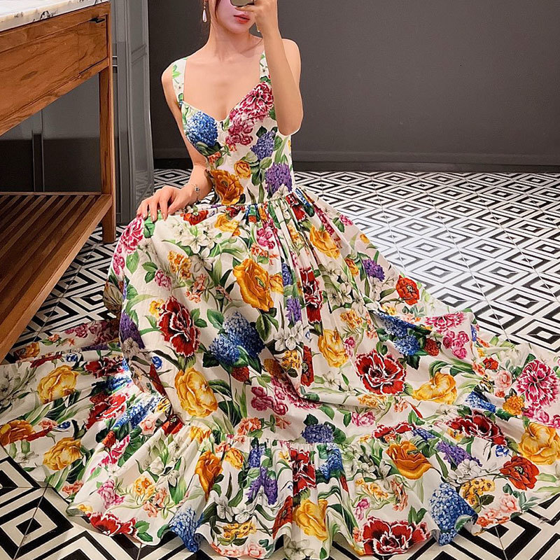 Women's Floral Print Cotton Camisole Dress Elegant Square Neck Waist-Up Pleated Clothes Stylish Summer Vacation Fashion Luxury Designer High-Qual