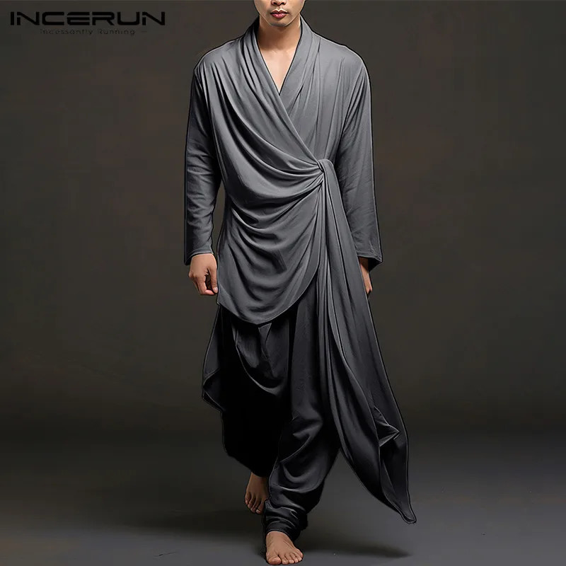 INCERUN Men Irregular Sets Solid V Neck Long Sleeve Lace Up Shirt Pants Two Pieces Sets Streetwear Men Casual Suits S-5XL 250303