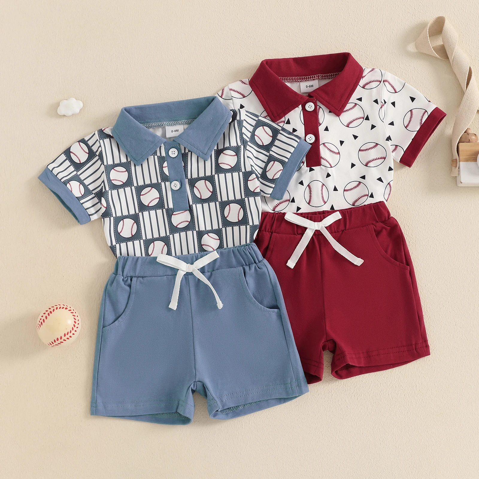 Infant Baby Boy Tracksuits Summer 2pcs Clothes Suit Toddler Baseball Half Button-up Lapel Short Sleeve Shirt Shorts with Pockets 250304