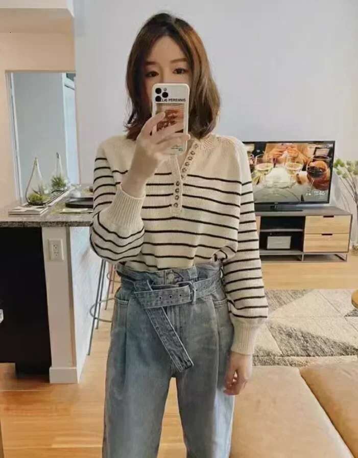 100% Cotton Striped Button Round Neck Knitted Sweater Loose Long Sleeve Women Pullovers 2025 Autumn Clothes