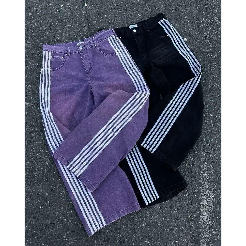 High Vintage Striped Embroidered High-Waisted Jeans Men Women Casual Pants Haruku Hip Hop Street Baggy Wide-Leg Jeans