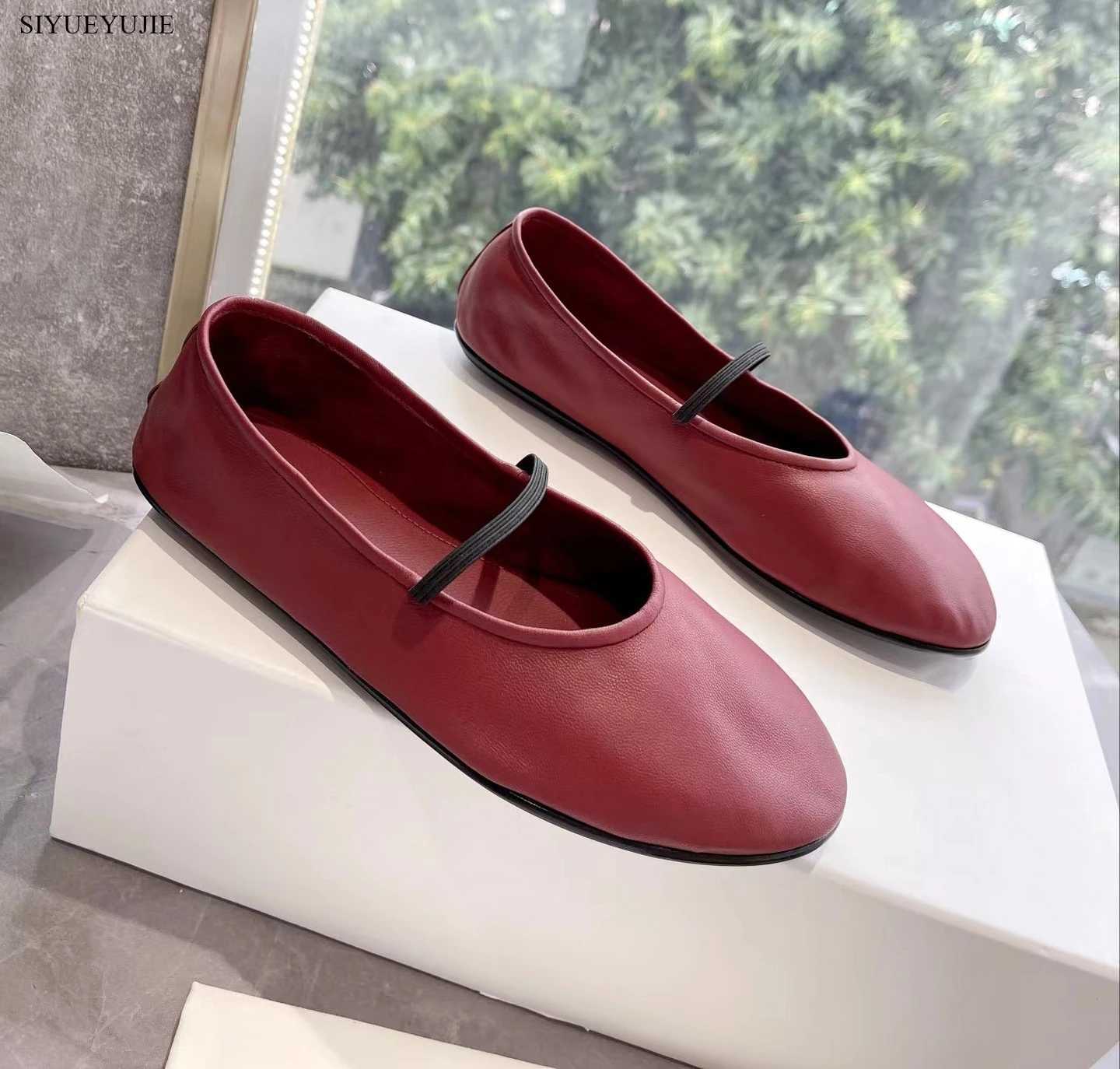 Brand New Genuine Leather Real Leather Ballet Flats Shoes Wen Black Chic Elastic Strap Mary Jane BALLERINA Shoes High Quality Y250303
